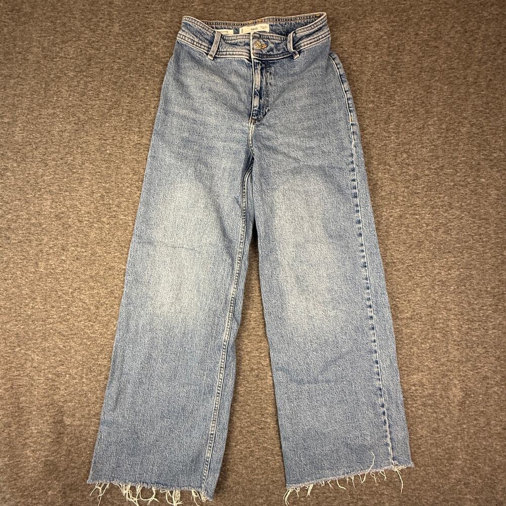 MANGO Catherine Jeans Womens 4 Blue High Rise Wide Leg Raw Hem Denim